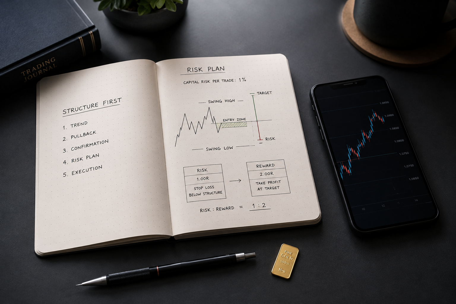 Trading journal with a risk plan and a phone displaying a chart